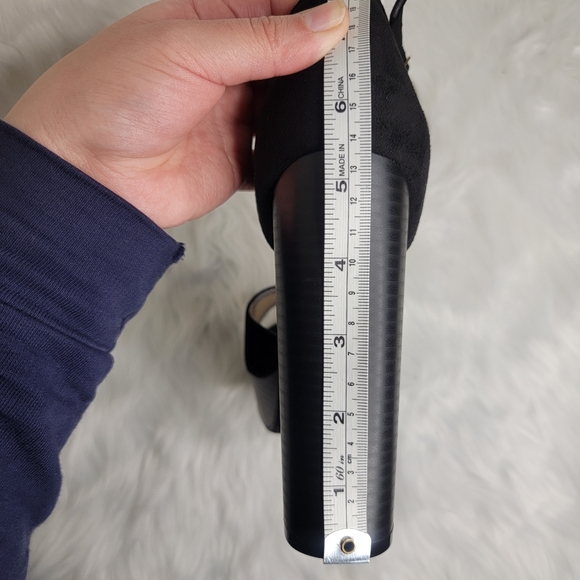 Black suede platforms with ankle strap. - Picture 8 of 11